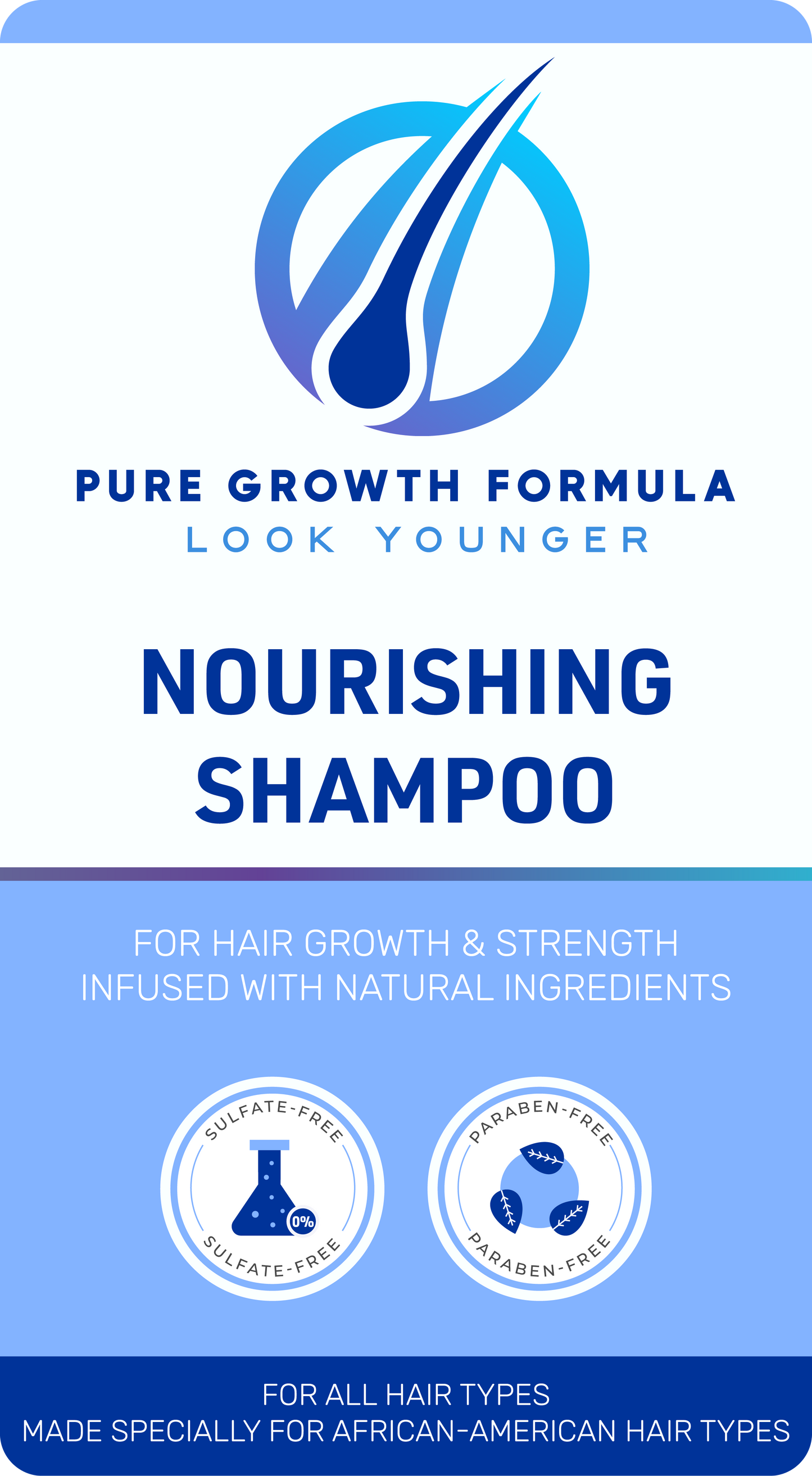 Pure Growth Formula nourishing shampoo for African-American hair, sulfate-free, paraben-free, promotes hair growth and strength with natural ingredients.